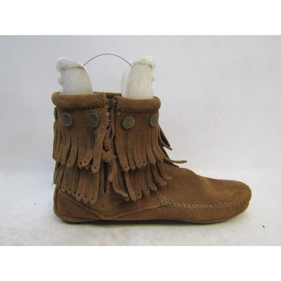 Minnetonka Womens Size 6 Brown Suede Fringe Ankle Fashion Boots Bootie - Picture 4 of 11